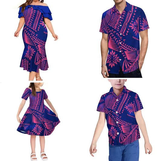 Polynesian Tribal Tropical Matching Outfit For Family Dress Purple Polynesian Pattern Ruffled Dress And Hawaiian Shirt For Him