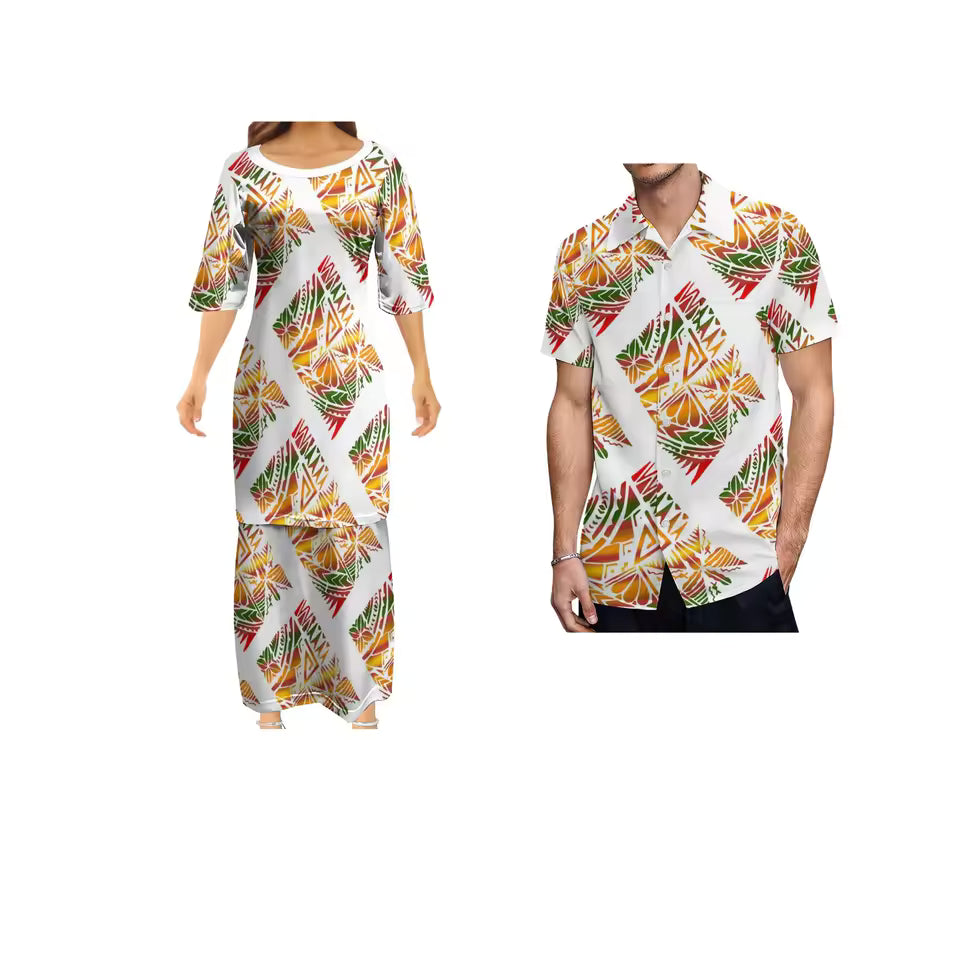 Polynesian Pattern White Couple Matching Outfit Shirts for Men Puletasi Traditional Dress Couple Set