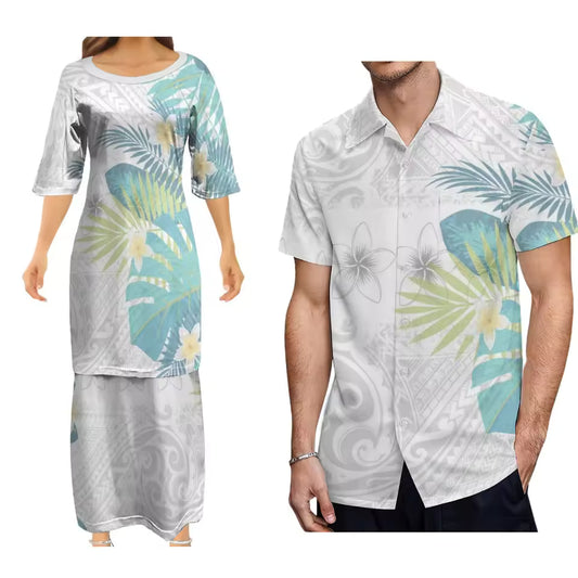 Tropical Polynesian Tribal Pattern Couple Set Outfit Women's Dress Men's Hawaiian Shirt Polynesian Matching Outfit