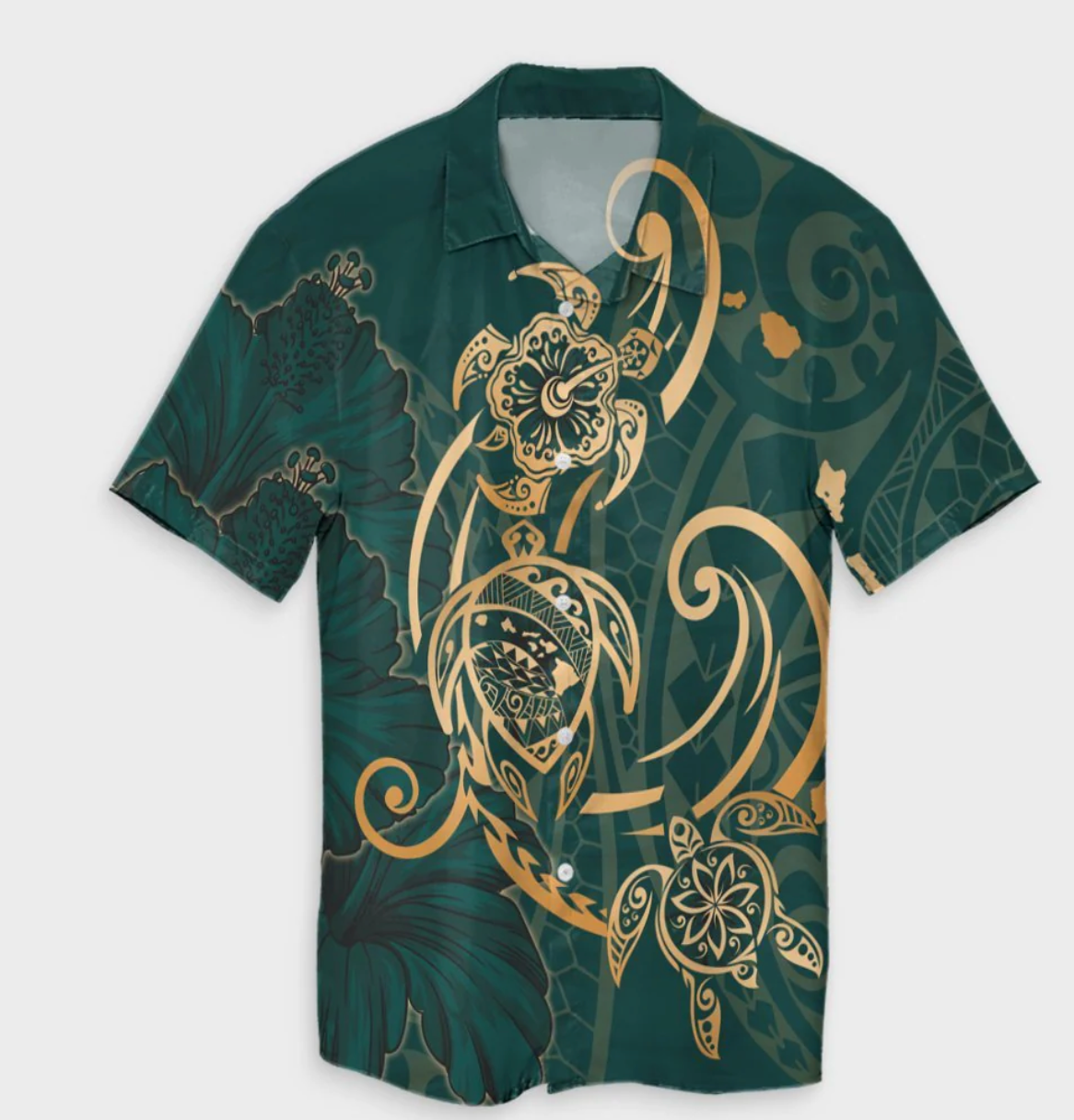 Hawaii Triple Marble Turtle Polynesian Hibiscus Hawaiian Shirt Benjamin Style Green