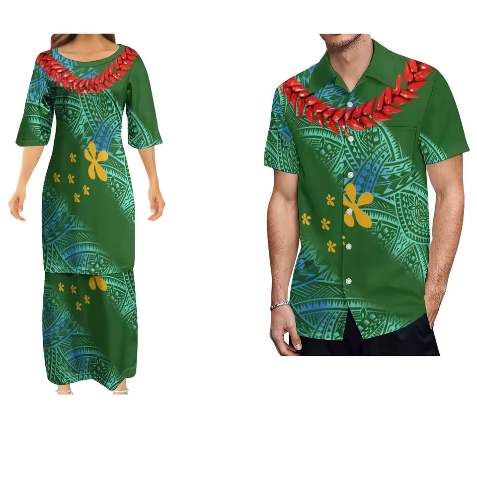 Polynesian Pattern Green Matching Outfit for Couple Women's Dress Men's Shirt Couple Suit Samoan Necklace Polynesian Couple Set