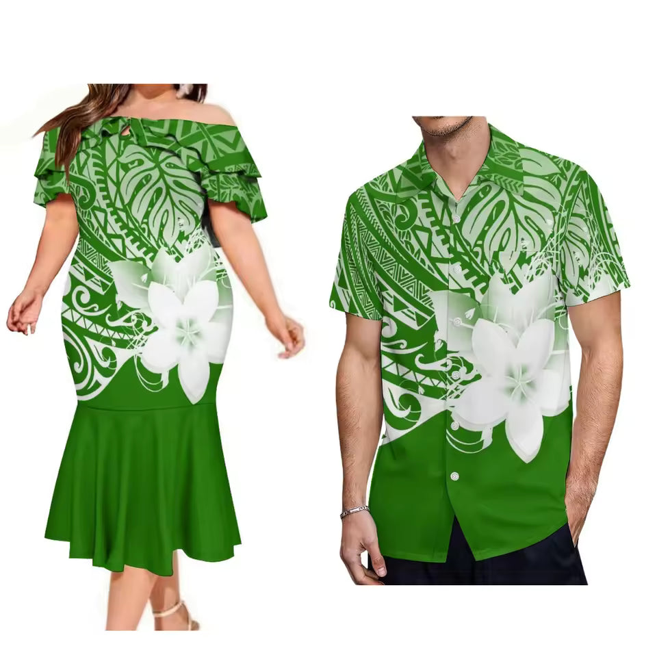 Polynesian Islands Samoa Green Floral Couple Matching Outfit For Family Dress Purple Polynesian Pattern Ruffled Dress And Hawaiian Shirt For Him