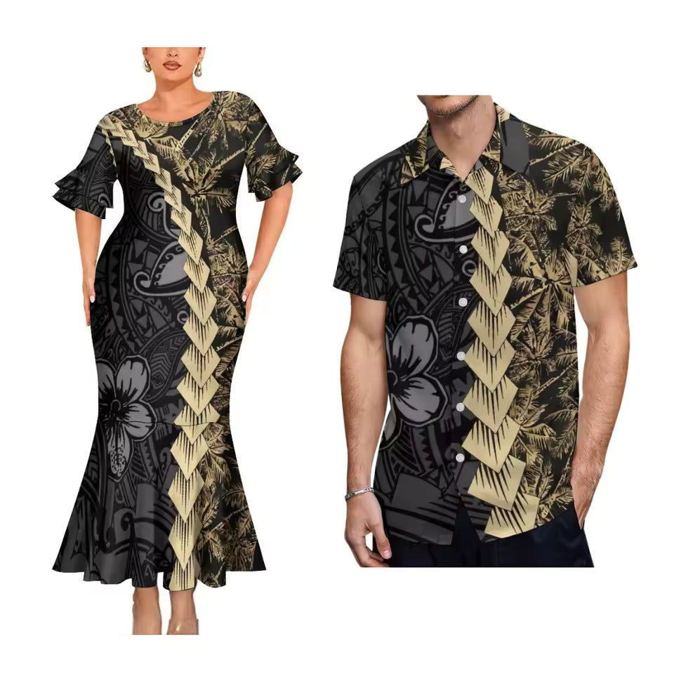Polynesian Flowers Pattern Curve Style Matching Outfit For Couple Polynesian Tribal Printed Short Sleeve Mermaid Long Dress And Hawaiian Shirt