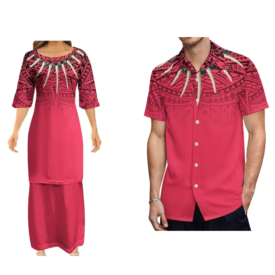 Samoan Necklace Ula Nifo Polynesian Pattern Red Matching Outfit For Couple Polynesian Puletasi Dress And Hawaiian Shirts Couple Set