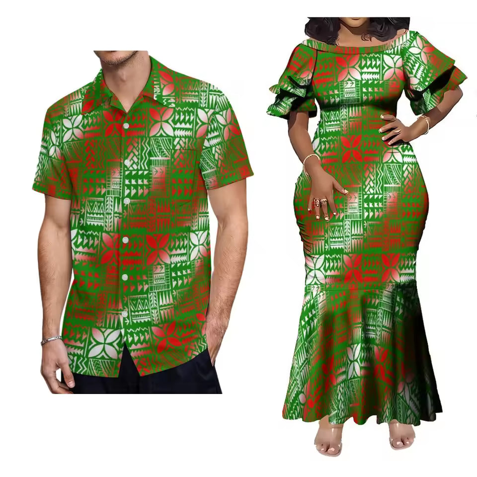 Polynesian Tribal Pattern Outfit Couple For Her Him Short Sleeve Mermaid Long Dress And Hawaii Shirt Matching Outfit For Couple