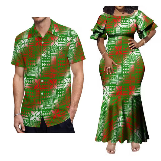 Polynesian Tribal Pattern Outfit Couple For Her Him Short Sleeve Mermaid Long Dress And Hawaii Shirt Matching Outfit For Couple