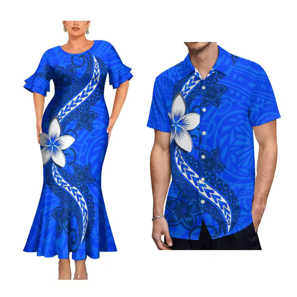 Polynesian Flowers Pattern Blue Matching Outfit For Family Polynesian Tribal Printed Short Sleeve Mermaid Long Dress And Hawaiian Shirt