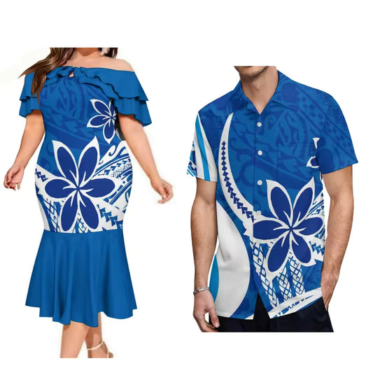 Polynesian Tropical Flowers Pattern Couple Matching Outfit For Family Flowers Blue Dress Polynesian Ruffled Dress And Hawaiian Shirt