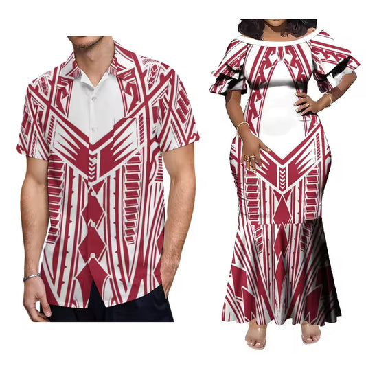 Polynesian Pattern Matching Outfit For Couple Women'S Short-Sleeved Dress Party Men's Hawaiian Shirt