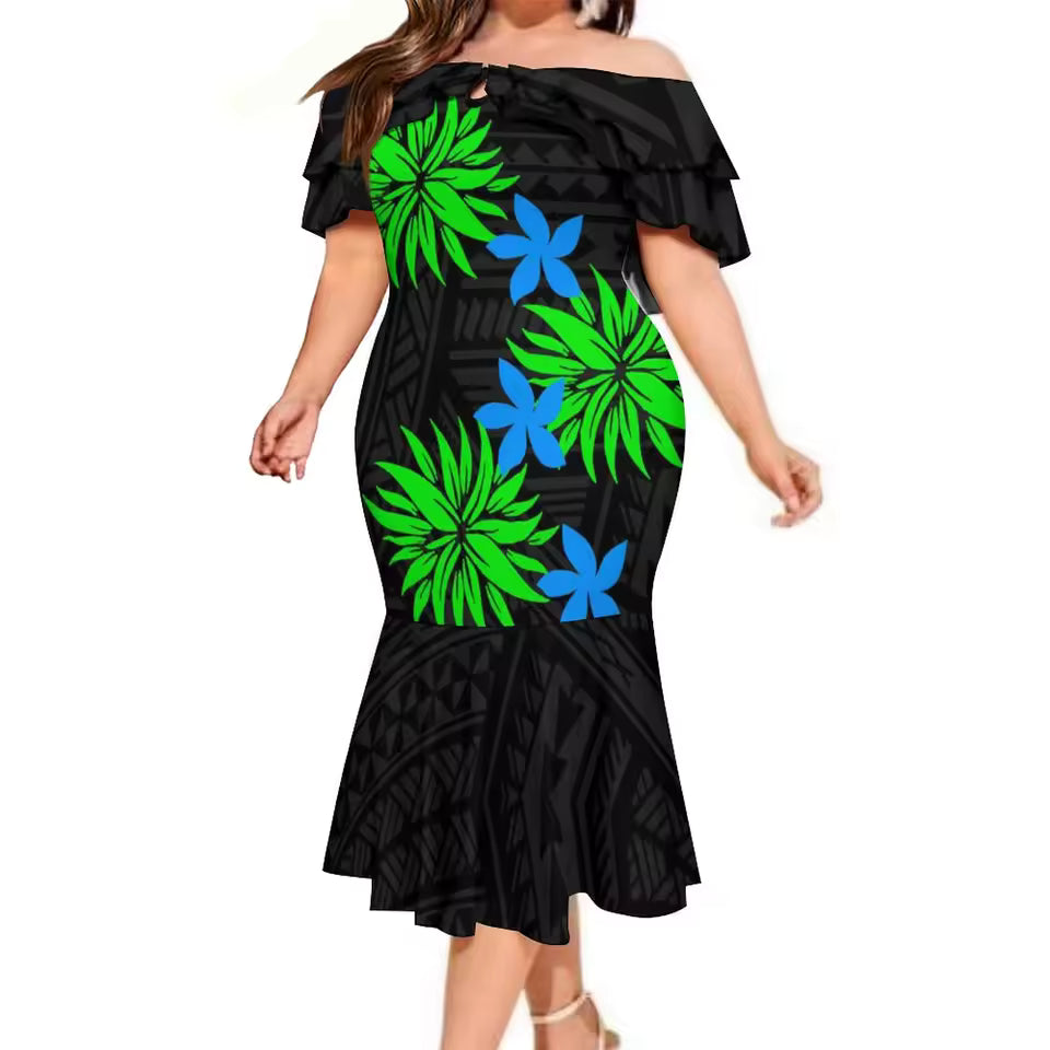 Polynesian Summer Matching Outfit For Couple Polynesian Tropical Printed Black Ruffled Fishtail Dress And Hawaiian Shirt Matching Set