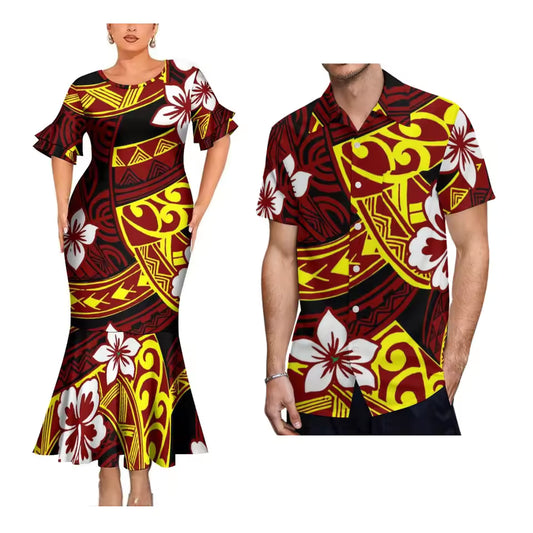 Polynesian Flowers Pattern Matching Outfit For Couple Polynesian Short Sleeve Mermaid Long Dress And Hawaiian Shirt