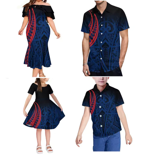 Matching Outfit For Family Polynesian Tribal Tropical Ruffled Long Dress And Shirt