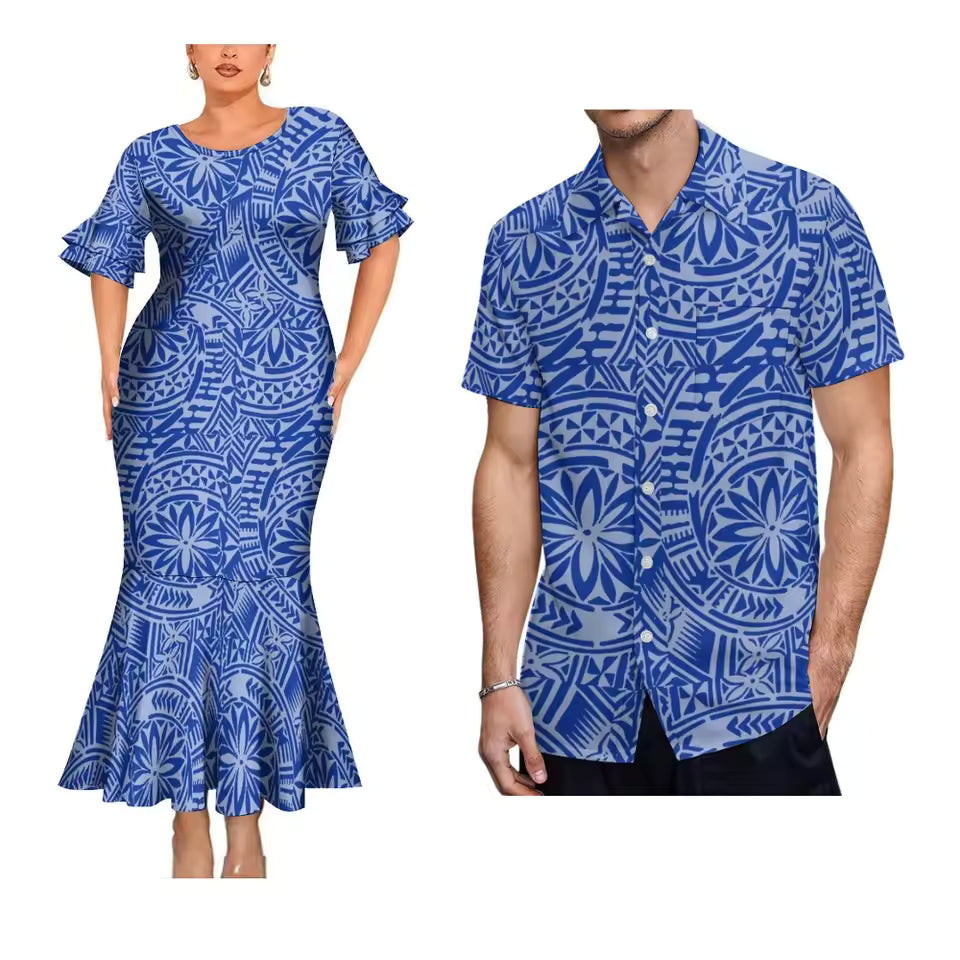 Polynesian Island Matching For Couple Outfit Polynesian Tribal Pattern Women'S Short-Sleeved Dress Party Hawaiian Shirt For Men