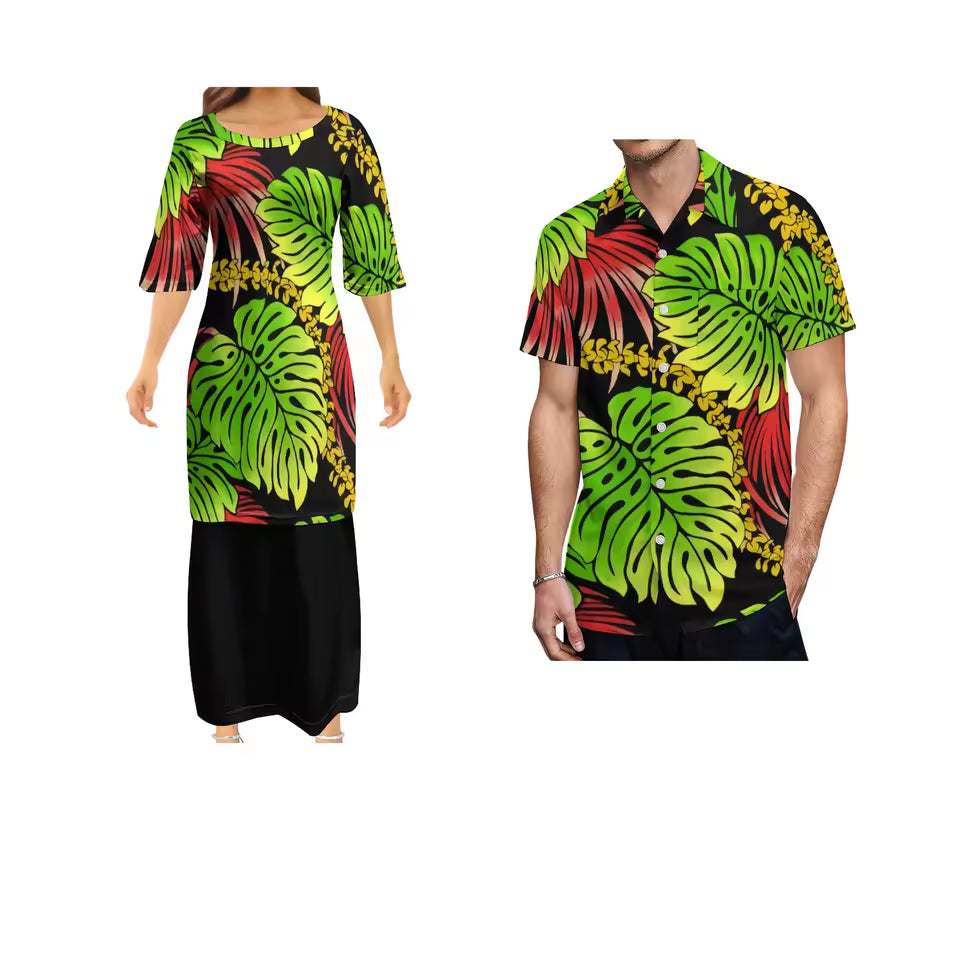 Tropical Leaf Pattern Matching Outfit Puletasi Dress Polynesian Pattern Shirts for Men Puletasi Traditional Dress Couple Set