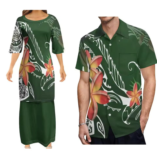 Plumeria Flowers Polynesian Tribal Pattern Green Couple Set Outfit Women's Dress Men's Hawaiian Shirt Polynesian Matching Outfit