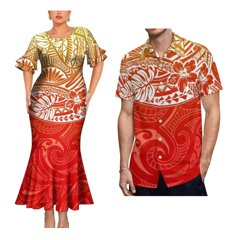 Polynesian Tribal Pattern Red Matching Outfit For Couple Polynesian Short Sleeve Mermaid Long Dress And Hawaiian Shirt