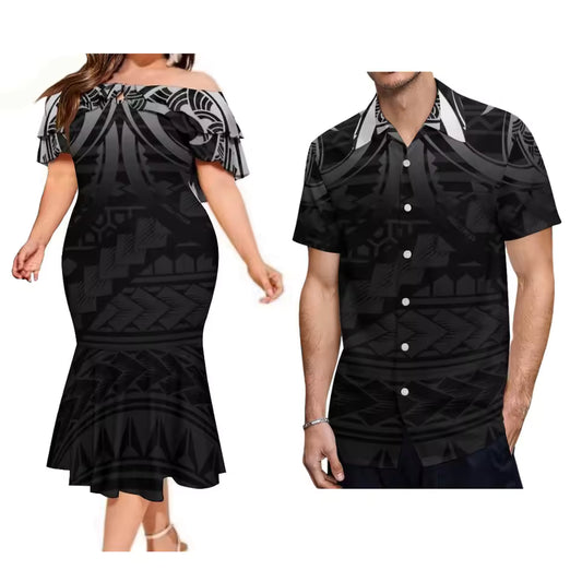 Black Polynesian Tribal Pattern Matching Outfit For Couple Ruffled Fishtail Dress And Hawaiian Shirt Outfit Set