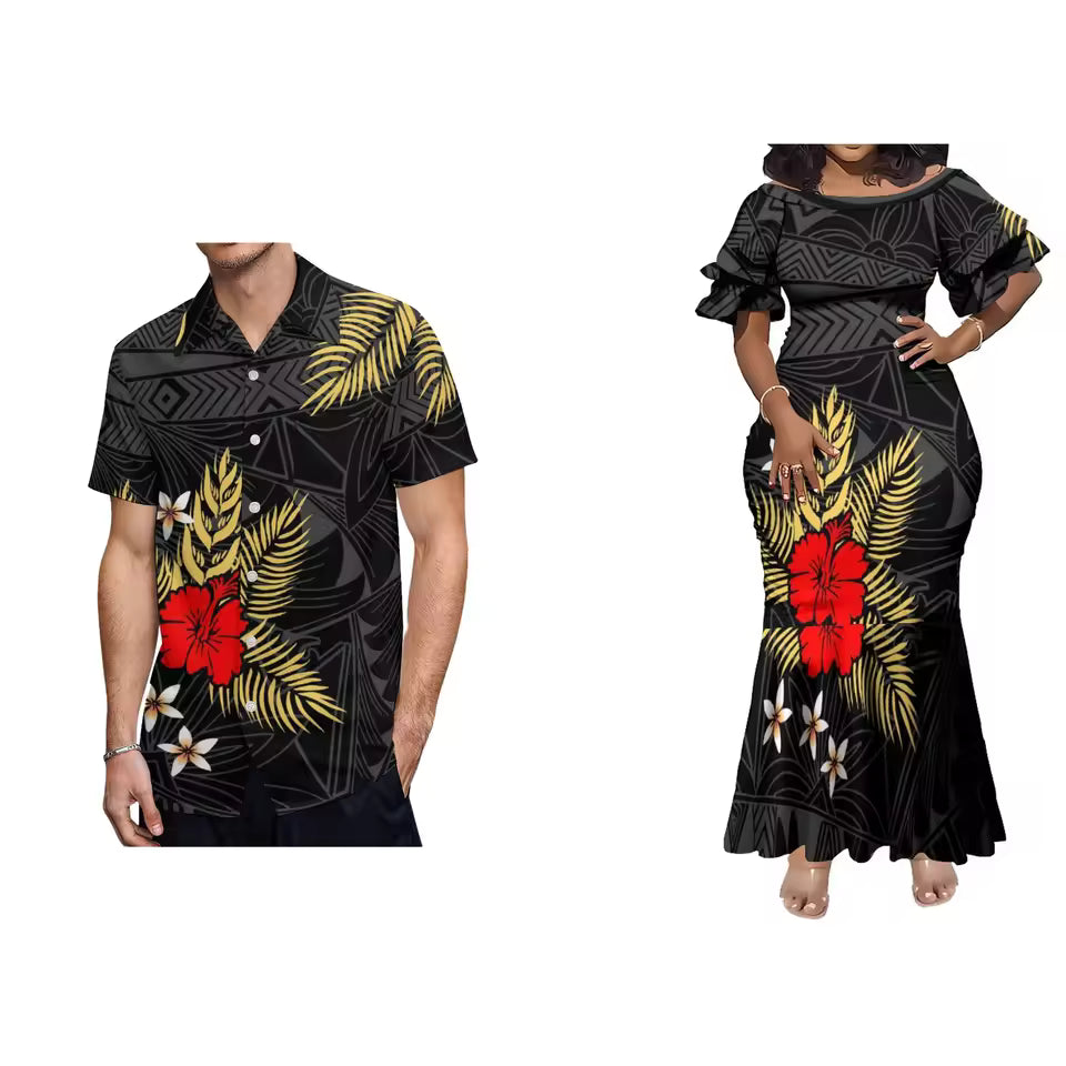 Polynesian Tribal Tropical Flowers Matching Outfit For Couple Island Matching Outfit Short Sleeve Mermaid Long Dress And Hawaii Shirt Couple Set