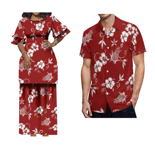 Polynesian Tribal Flowers Pattern Red Matching Outfit Crewneck Casual Puletasi Double layer Horn Sleeve Dress and Hawaii Shirt Island Couple Set