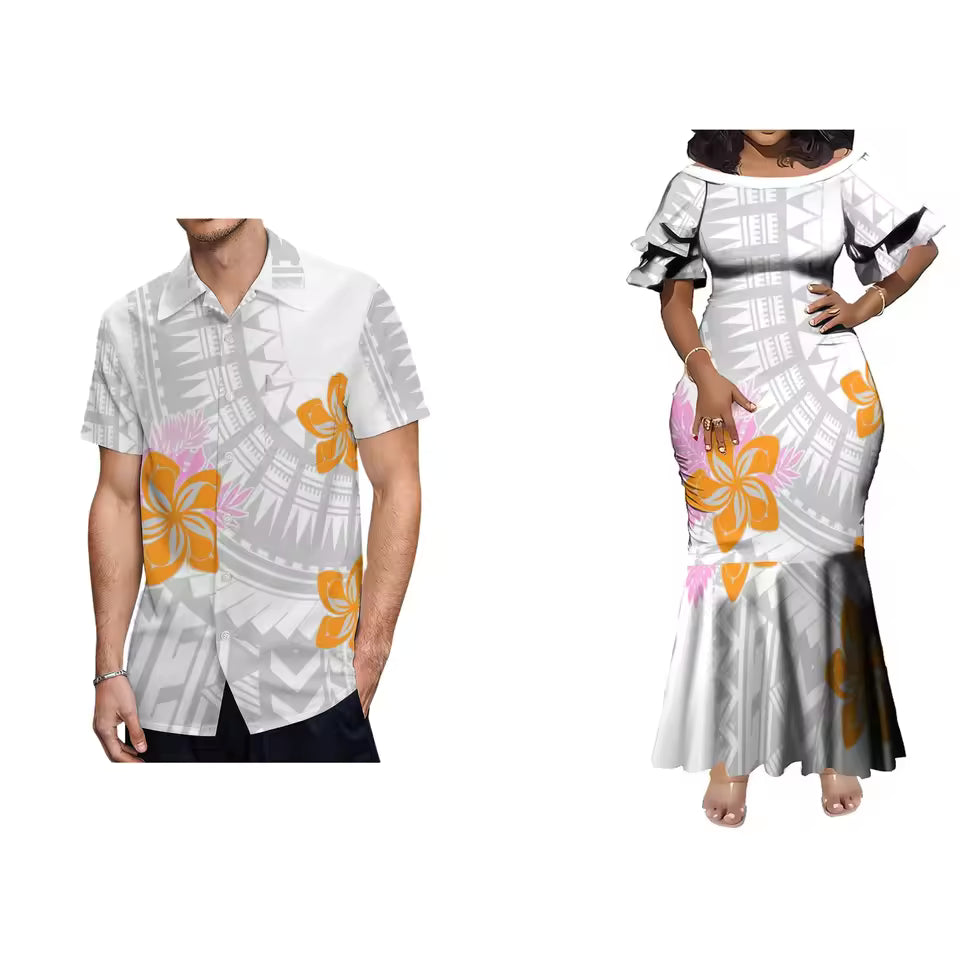 Polynesian Tropical Flowers Pattern Matching Outfit For Couple Women'S Short-Sleeved Mermaid Dress Party Men's Hawaiian Shirt