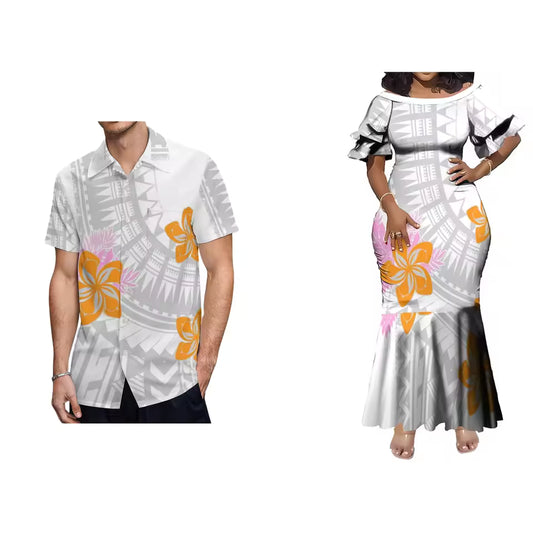 Polynesian Tropical Flowers Pattern Matching Outfit For Couple Women'S Short-Sleeved Mermaid Dress Party Men's Hawaiian Shirt