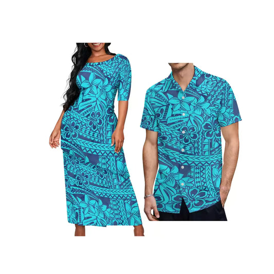 Polynesian Tribal Flowers Pattern Couple Matching Outfit For Her Him Printed Samoa Puletasi Dress Two-Piece Suit With Men's Shirt Outfit Set