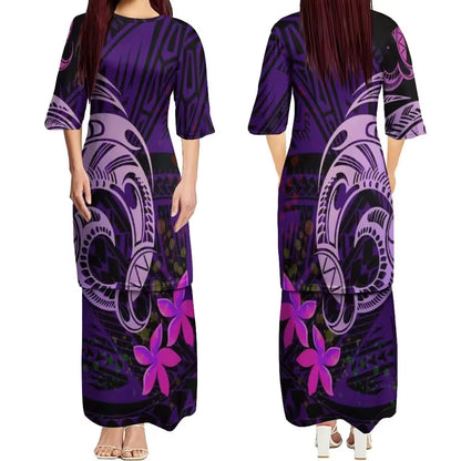 Island Art Plumeria Purple Matching Outfit For Couple Polynesian Dress Summer Puletasi Elegant Set Dress And Hawaiian Shirt Party Dress