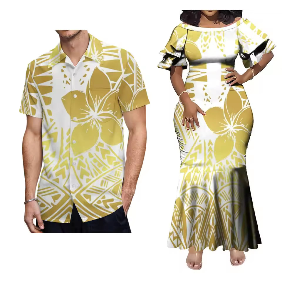 Polynesian Tribal Pattern Flowers Yellow Outfit Couple For Her Him Short Sleeve Mermaid Long Dress And Hawaii Shirt Matching Outfit For Couple