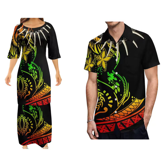 Samoan Necklace Ula Nifo Polynesian Flowers Pattern Reggae Matching Outfit For Couple Polynesian Puletasi Dress And Hawaiian Shirts Couple Set