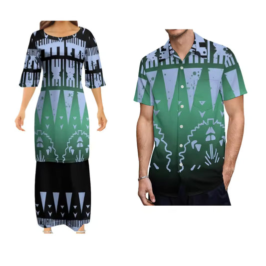 Samoa Polynesian Tribal Pattern Outfit For Couple Polynesian Puletasi Dress And Hawaiian Shirts Couple Set