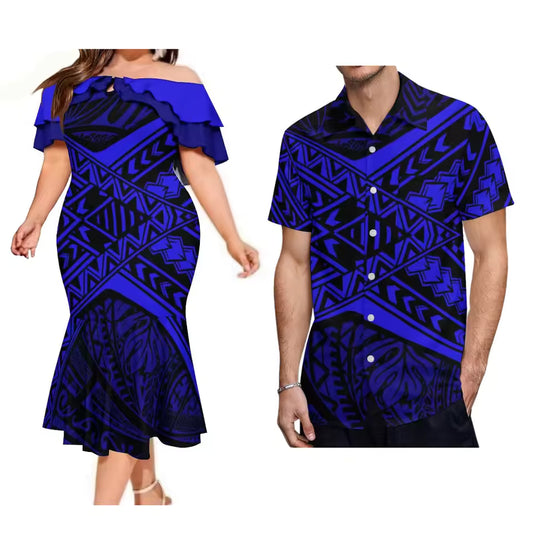 Blue Polynesian Tribal Pattern Matching Outfit For Couple Ruffled Fishtail Dress And Hawaiian Shirt Outfit Set
