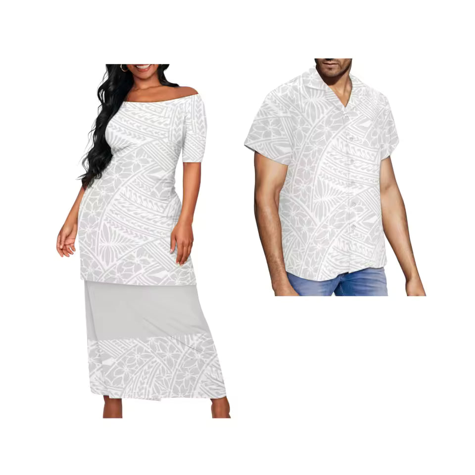 Samoa Couple Set White Polynesian Tribal Pattern Matching Outfit For Couple Puletasi Dress And Hawaiian Shirt
