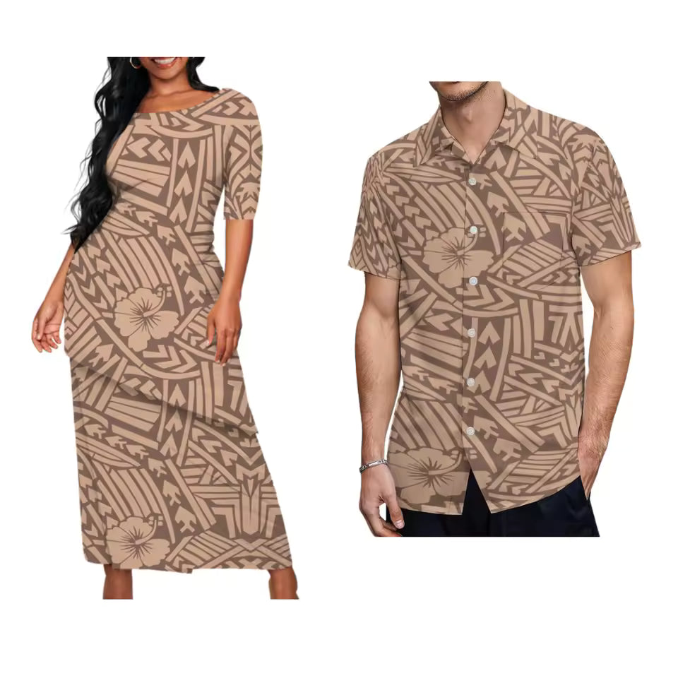 Polynesian Tribal Hibiscus Floral Pattern Matching Couple Outfit Traditional Puletasi Dress And Hawaiian Shirts Party Couple Set For Her Him