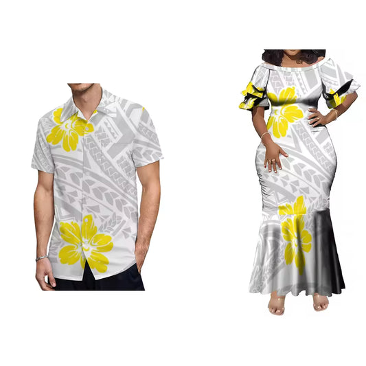 Polynesian Tropical Flowers Pattern White Matching Outfit For Couple Women'S Short-Sleeved Mermaid Dress Party Men's Hawaiian Shirt