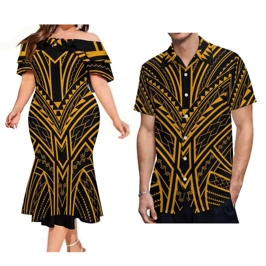 Polynesian Tribal Pattern Matching Outfit For Couple Polynesian Ruffled Fishtail Dress And Hawaiian Shirt Outfit Set