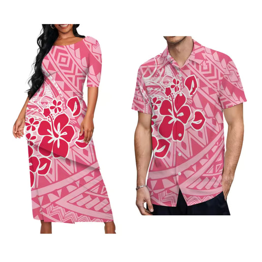 Polynesian Tribal Pattern Printed Couple Matching Outfit Pink Hibiscus Flowers Samoa Puletasi Dress Two-Piece Suit With Men's Shirt Matching Set