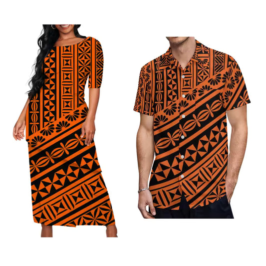 Polynesian Tribal Pattern Printed Couple Matching Outfit Orange Samoa Puletasi Dress Two-Piece Suit With Men's Shirt Matching Set