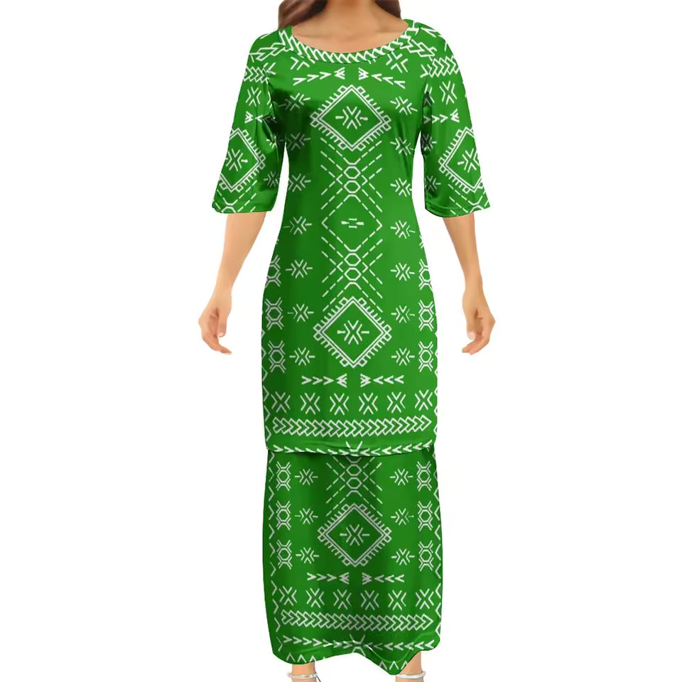 Samoan Green Puletasi Polynesian Tattoo Pattern Matching Outfit For Couple Women Dresses lady Design Dress Matching Men's Short-Sleeved Shirts Couple Suit