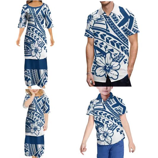 Polynesian Family Set Hibiscus Flowers Pattern Women's Puletasi Men'S Shirt Adult Children Tropical Matching Set For Family Clothing
