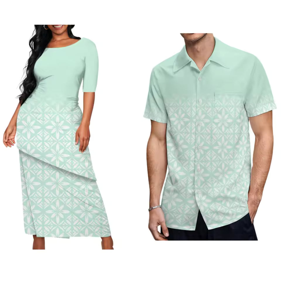 Polynesian Tribal Pattern Printed Couple Matching Outfit Island Puletasi Dress Two-Piece Suit With Men's Shirt Matching Set