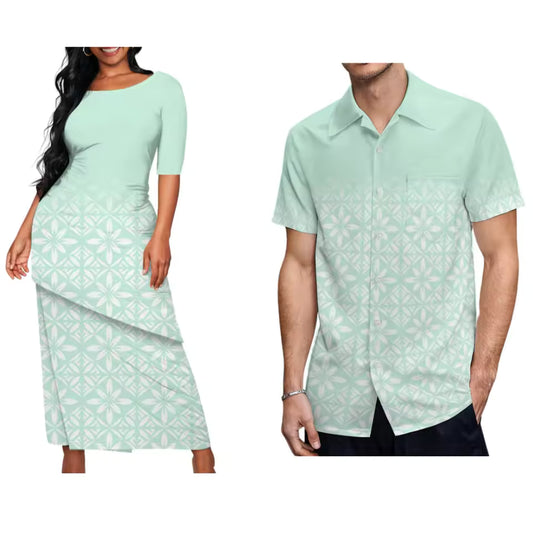 Polynesian Tribal Pattern Printed Couple Matching Outfit Island Puletasi Dress Two-Piece Suit With Men's Shirt Matching Set