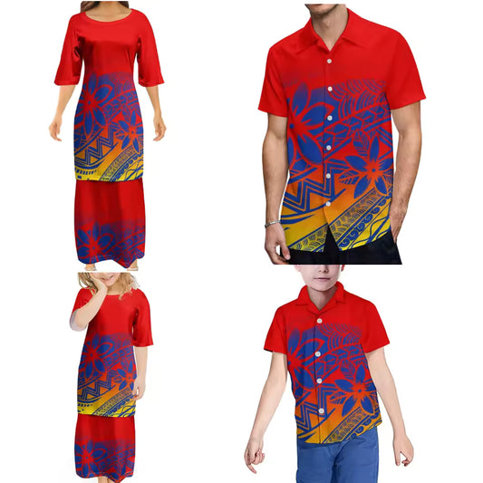 Red Polynesian Family Set Polynesian Tribal Pattern Women's Puletasi Men'S Shirt Adult Children Tropical Matching Set For Family Clothing