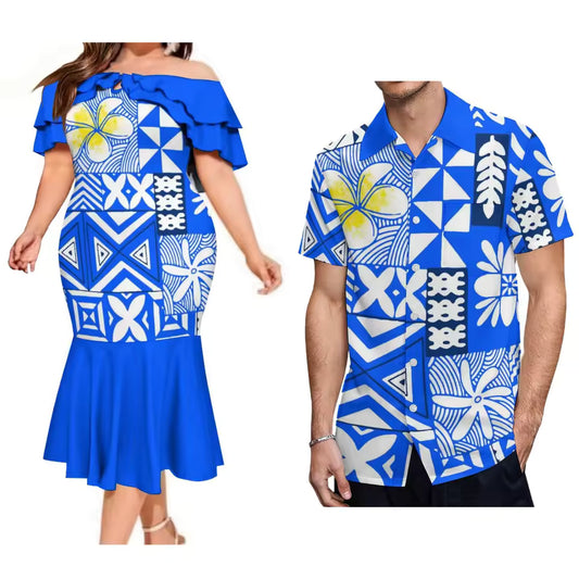 Polynesian Summer Matching Outfit For Couple Polynesian Tropical Plumeria Flower Pattern Printed Blue Ruffled Fishtail Dress And Hawaiian Shirt Matching Set