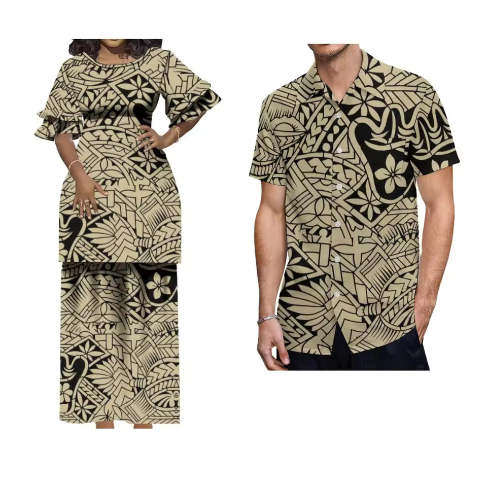 Polynesian Tribal Floral Pattern Matching Outfit Crewneck Casual Puletasi Double layer Horn Sleeve Dress and Hawaii Shirt Island Couple Set