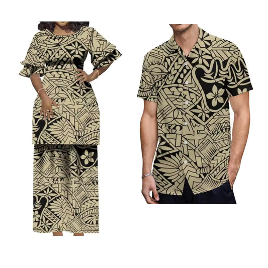 Polynesian Tribal Floral Pattern Matching Outfit Crewneck Casual Puletasi Double layer Horn Sleeve Dress and Hawaii Shirt Island Couple Set