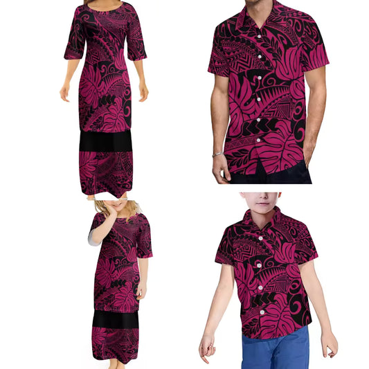 Tropical Pattern Polynesian Retro Tribal Print Ethnic Women's Puletasi Men'S Shirt Adult Children Samoan Matching Outfit For Family Clothing