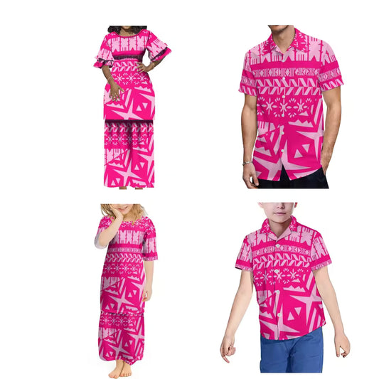 Matching Outfit For Family Pacific Islands Dress Set Traditional Polynesian Puletasi Long Dress For Women Kid And Hawaiian Men