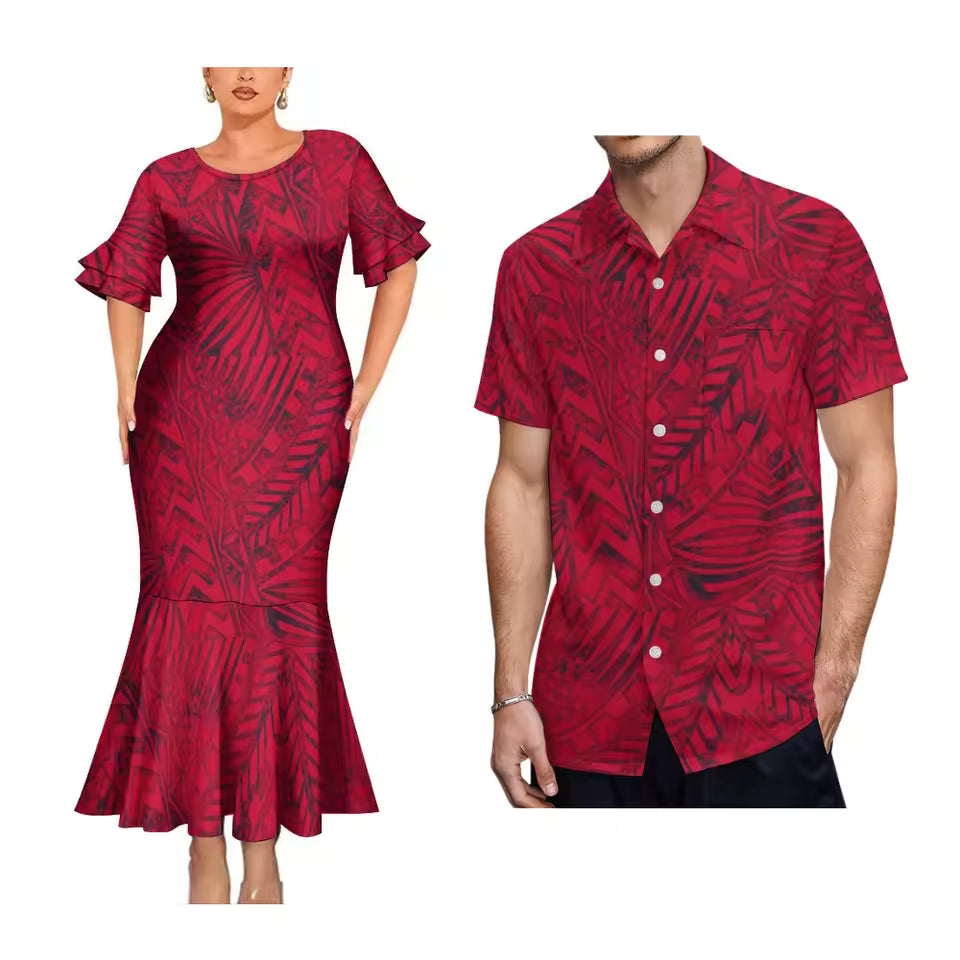 Red Matching Outfit For Couple Polynesian Tribal Printed Short Sleeve Mermaid Long Dress And Hawaiian Shirt
