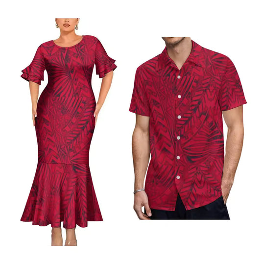 Red Matching Outfit For Couple Polynesian Tribal Printed Short Sleeve Mermaid Long Dress And Hawaiian Shirt