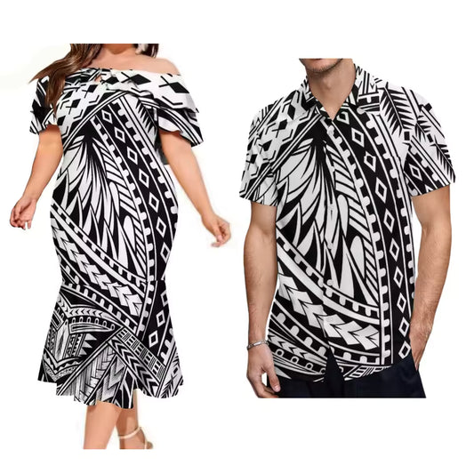 Black Polynesian Tribal Pattern Matching Outfit For Couple Ruffled Fishtail Dress And Hawaiian Shirt Ourfit Set